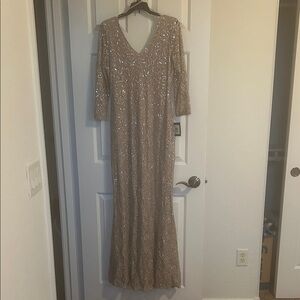 MARINA Long Sleeve Sequin Gown in Taupe